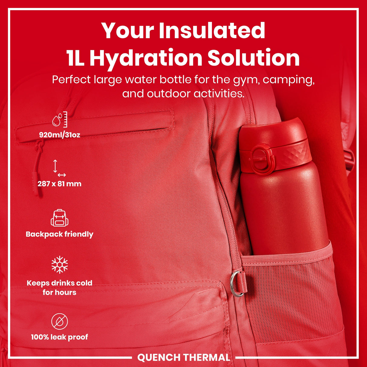 ION8 Leak Proof 1 Litre Thermal Water Bottle, Insulated, Red, 1L