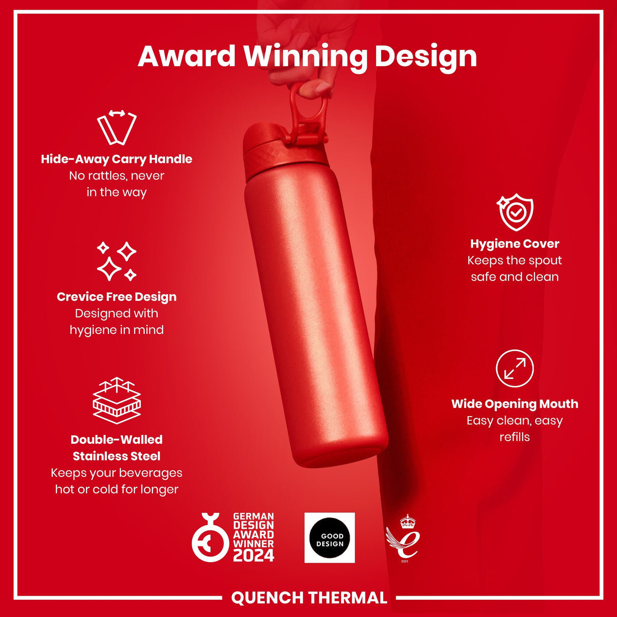 ION8 Leak Proof 1 Litre Thermal Water Bottle, Insulated, Red, 1L