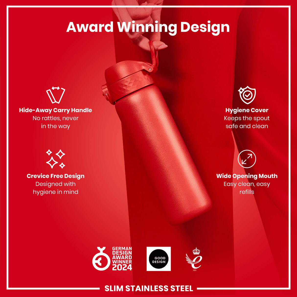 ION8 Leak Proof Slim Water Bottle, Stainless Steel, Red, 600ml (20oz)