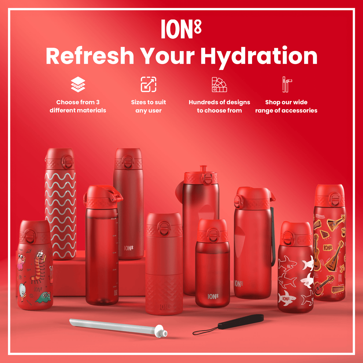 ION8 Leak Proof Slim Water Bottle, Stainless Steel, Red, 600ml (20oz)
