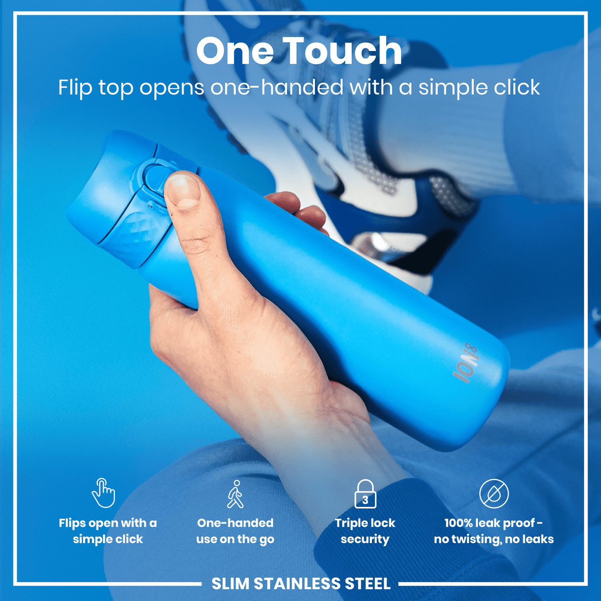 ION8 Leak Proof Slim Water Bottle, Stainless Steel, Blue, 600ml (20oz)
