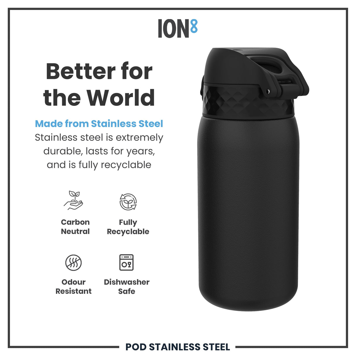 ION8 Leak Proof Water Bottle, Stainless Steel, Black, 400ml (13oz)