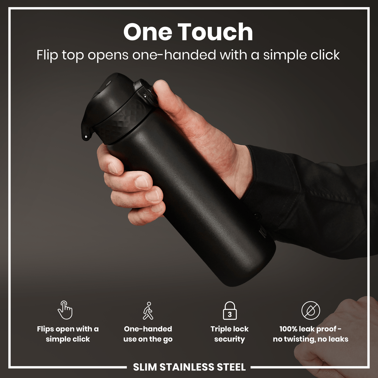 ION8 Leak Proof Slim Water Bottle, Stainless Steel, Black, 600ml (20oz)