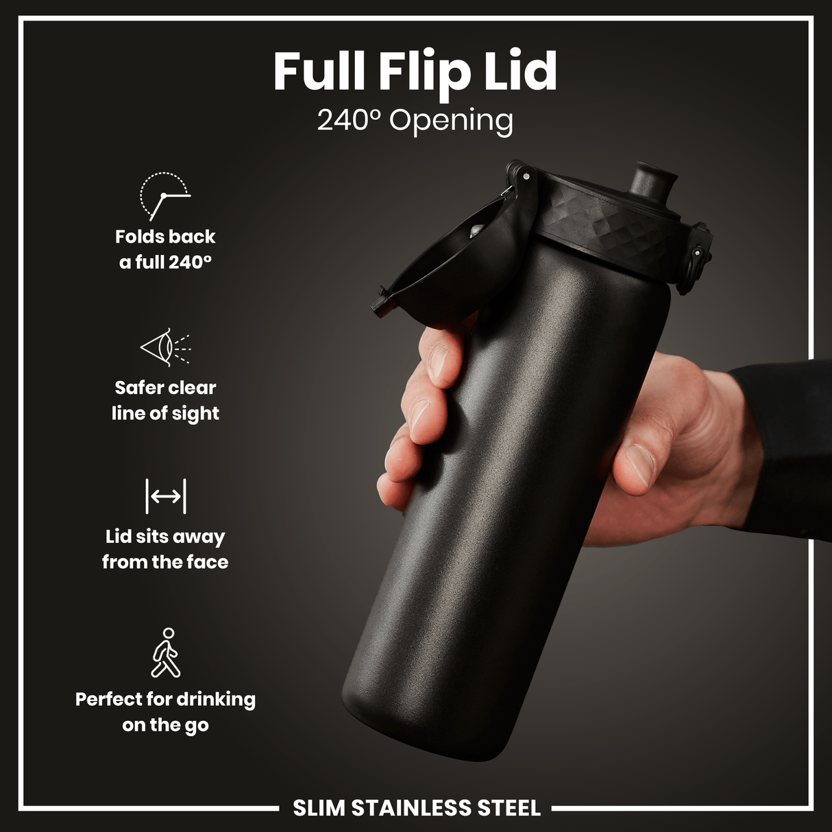 ION8 Leak Proof Slim Water Bottle, Stainless Steel, Black, 600ml (20oz)