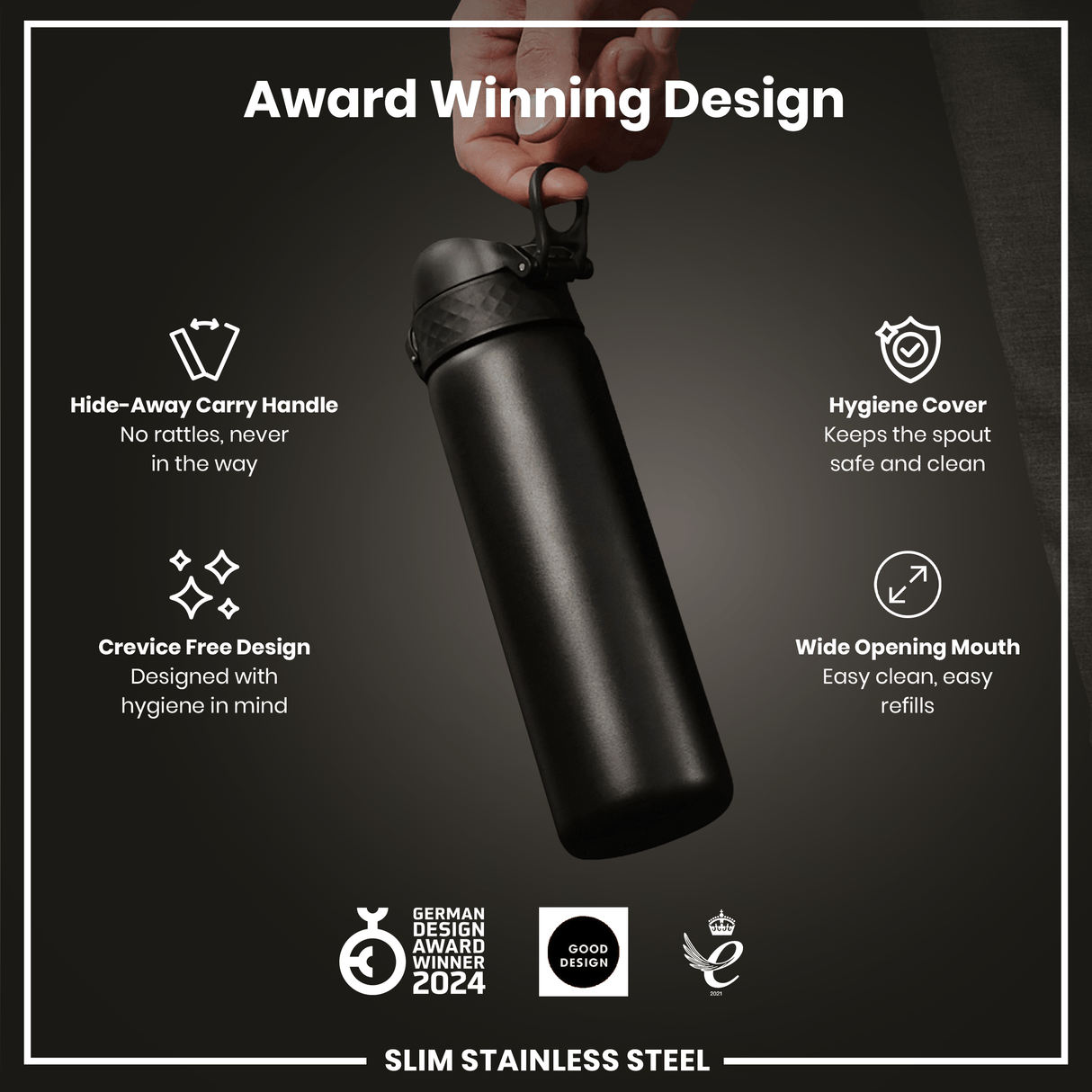 ION8 Leak Proof Slim Water Bottle, Stainless Steel, Black, 600ml (20oz)