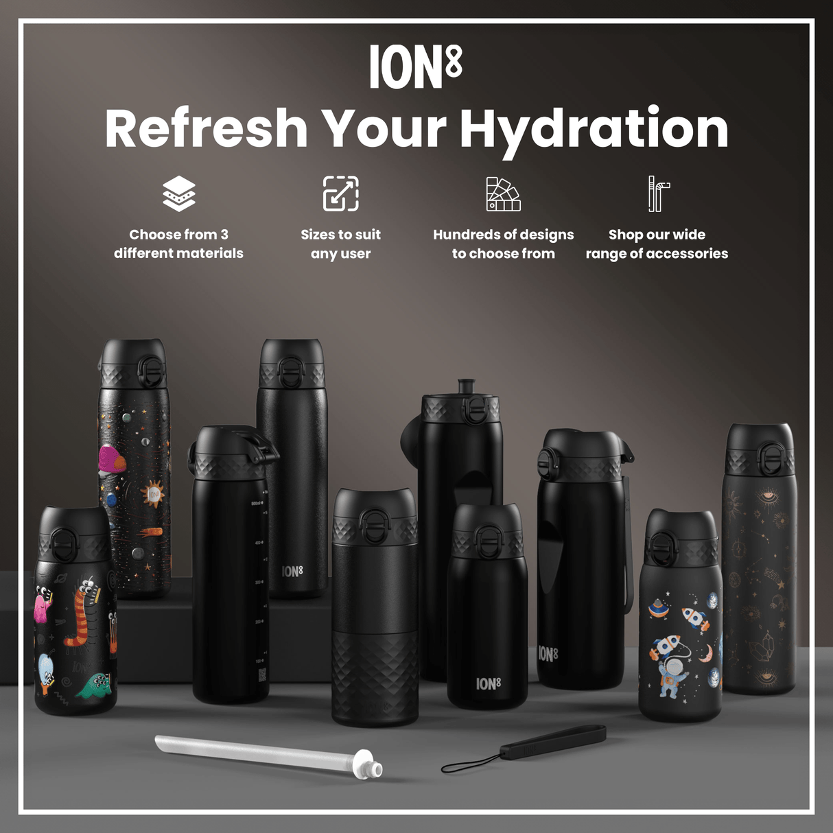 ION8 Leak Proof Slim Water Bottle, Stainless Steel, Black, 600ml (20oz)