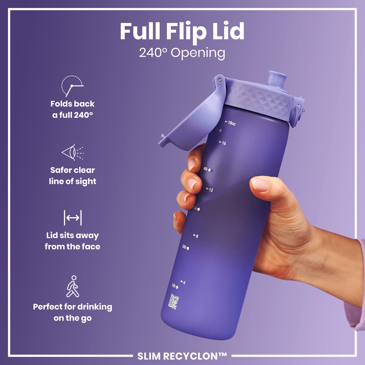 ION8 Leak Proof Slim Water Bottle, Recyclon, Light Purple, 500ml (18oz)