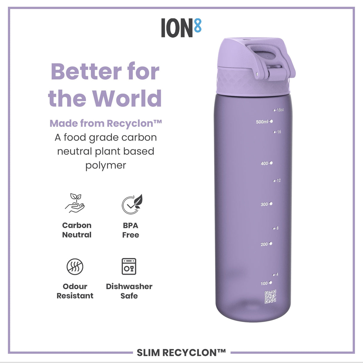 ION8 Leak Proof Slim Water Bottle, Recyclon, Light Purple, 500ml (18oz)