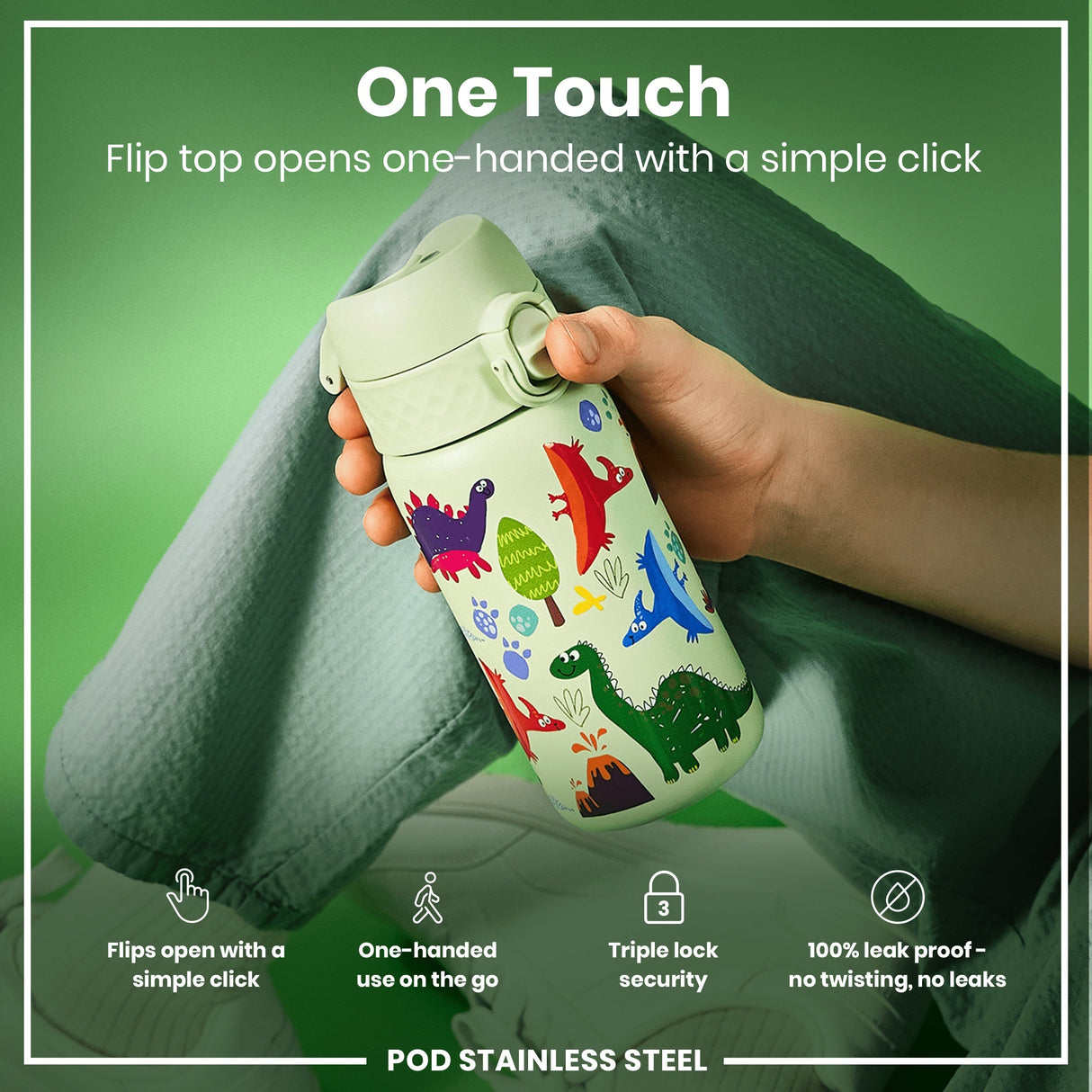ION8 Leak Proof Water Bottle, Stainless Steel, Dinosaurs, 400ml (13oz)
