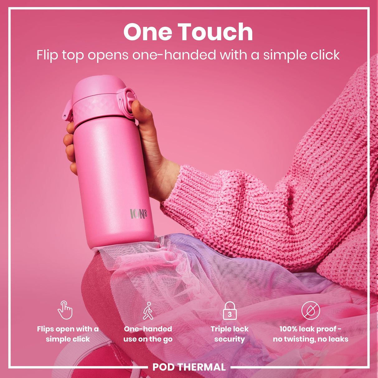 ION8 Leak Proof Thermal Steel Water Bottle, Insulated, Rose Bloom, 320ml (11oz)