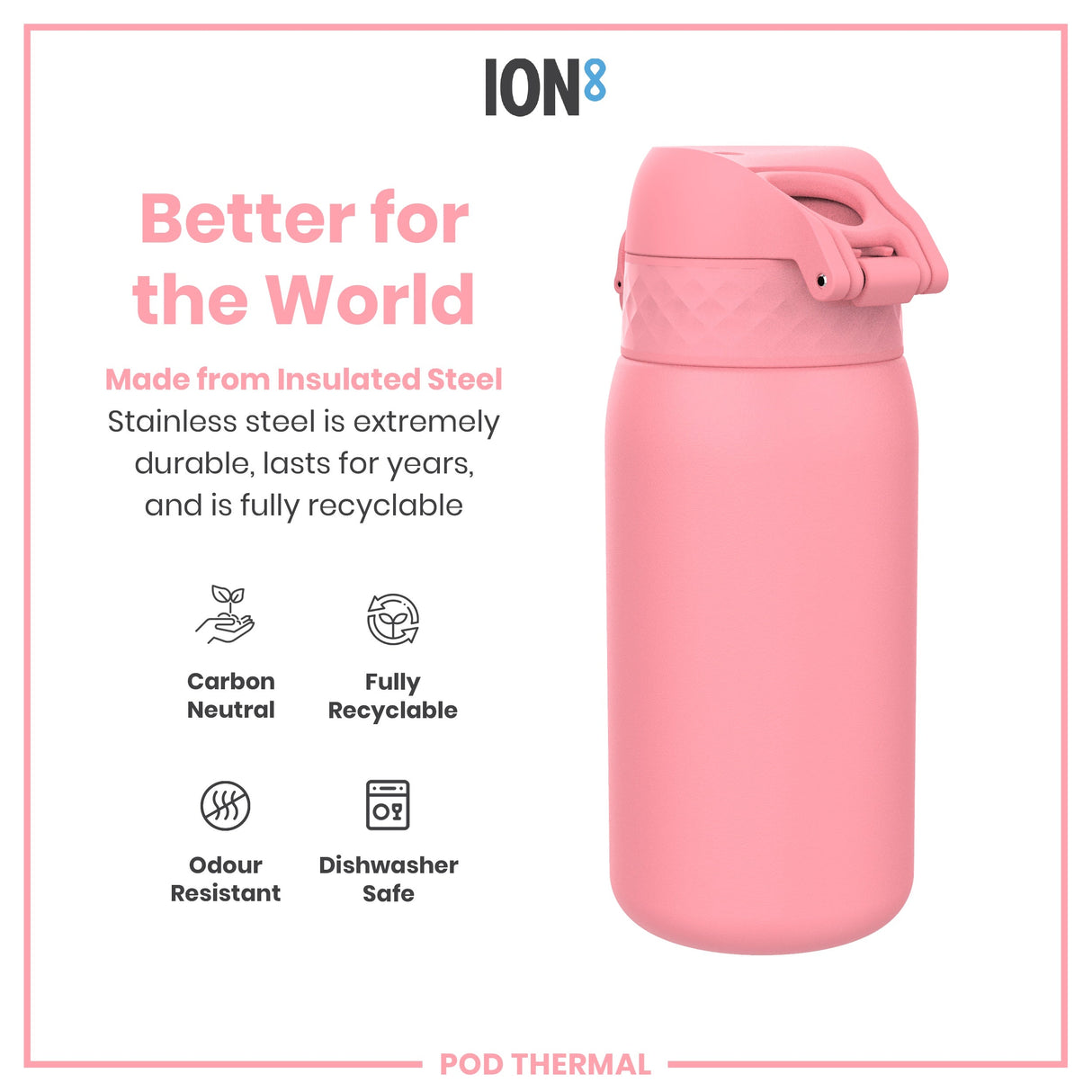 ION8 Leak Proof Thermal Steel Water Bottle, Insulated, Rose Bloom, 320ml (11oz)
