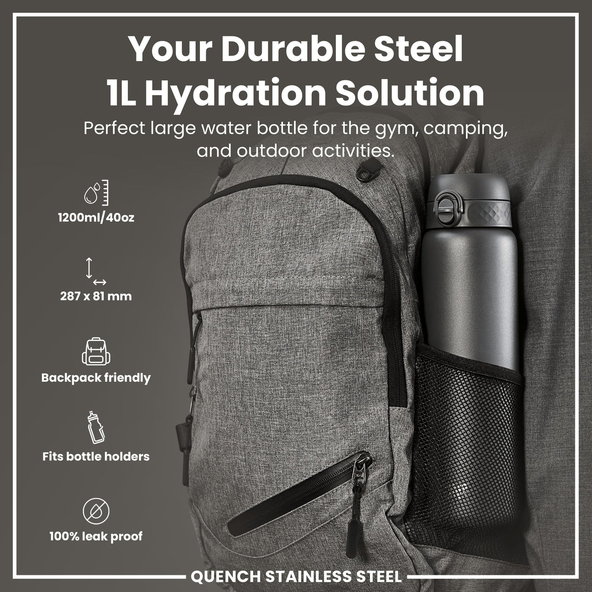 ION8 Leak Proof 1 Litre Water Bottle, Stainless Steel, Grey, 1L