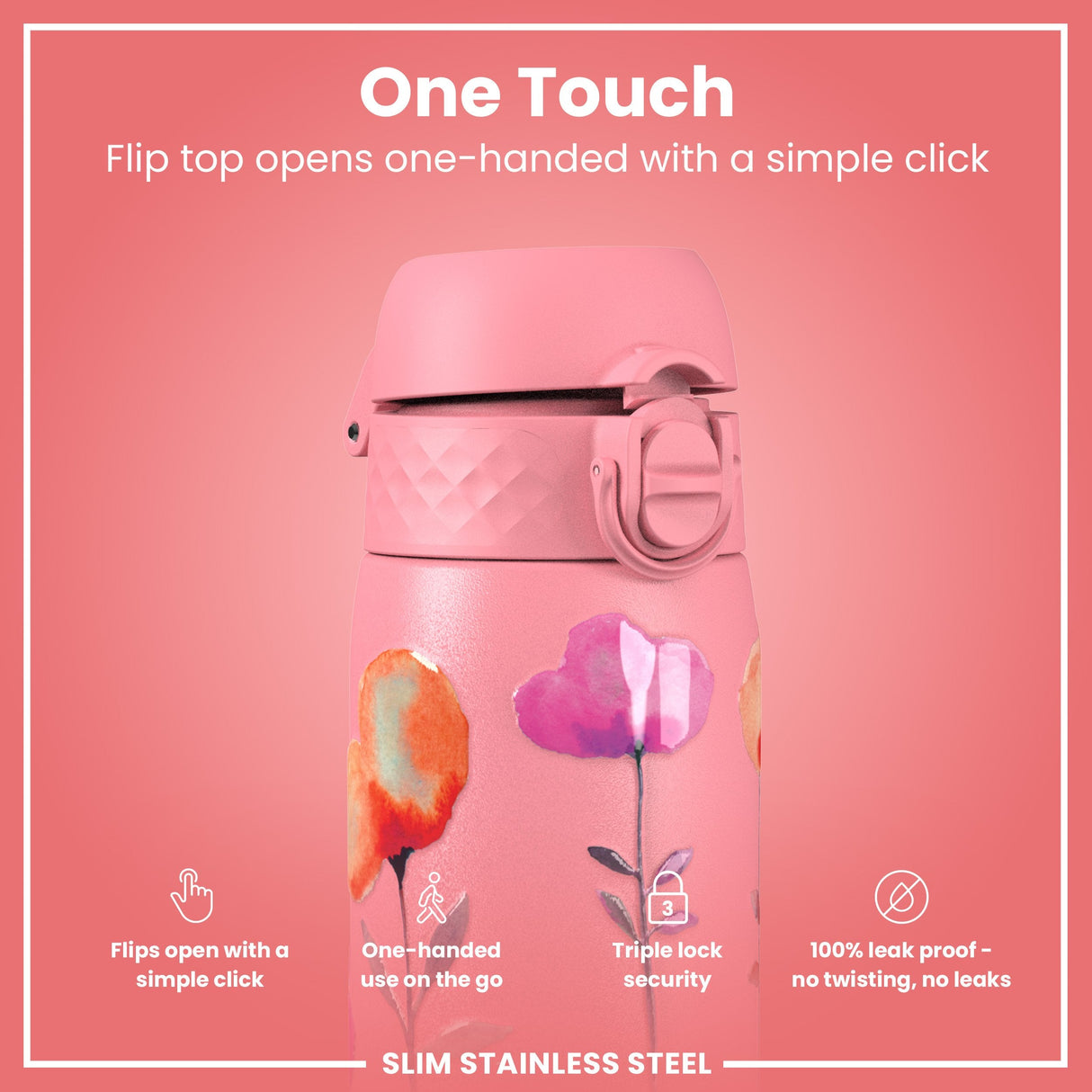 ION8 Leak Proof Slim Water Bottle, Stainless Steel, Flowers, 600ml (20oz)