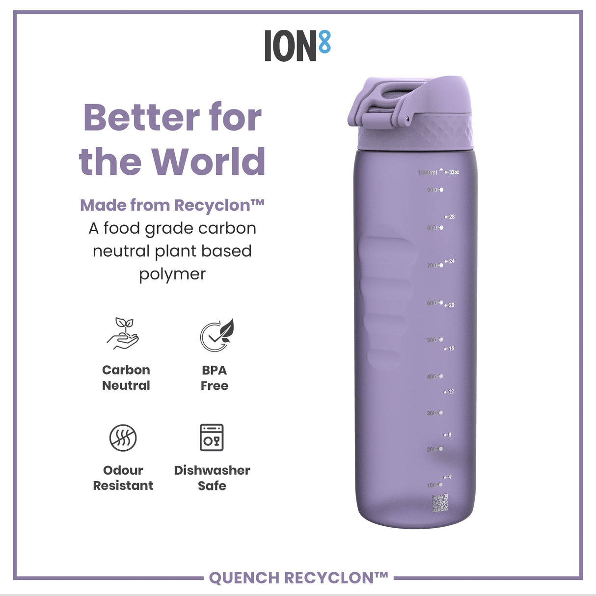 ION8 Leak Proof 1 litre Water Bottle, Recyclon, Light Purple, 1L