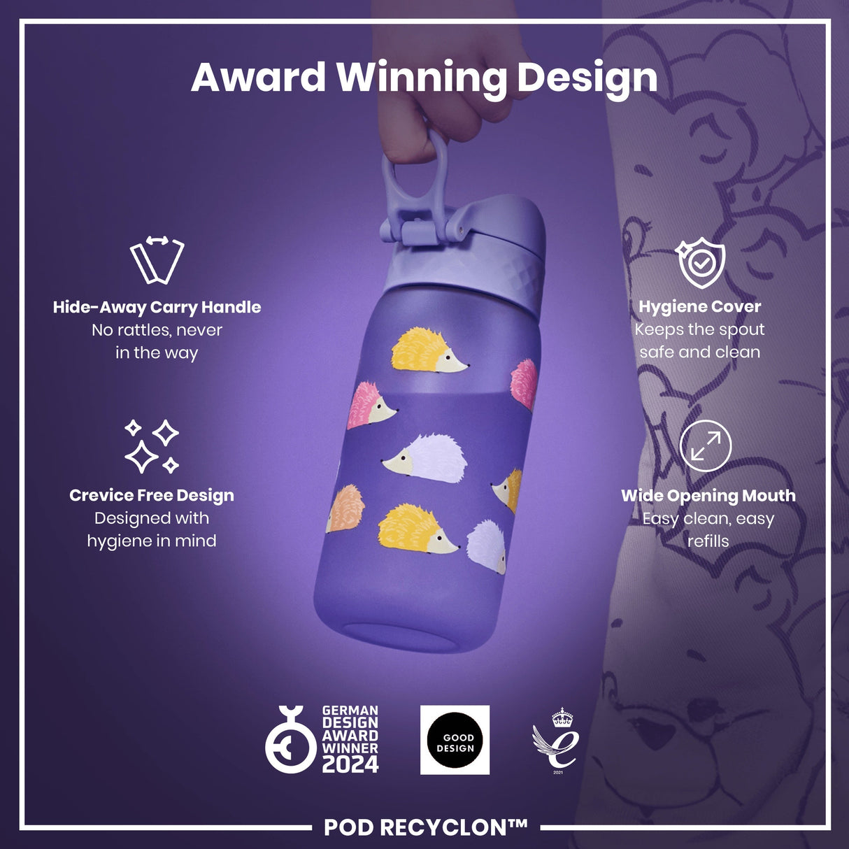 ION8 Leak Proof Kids' Water Bottle, Recyclon, Hedgehogs, 350ml (12oz)