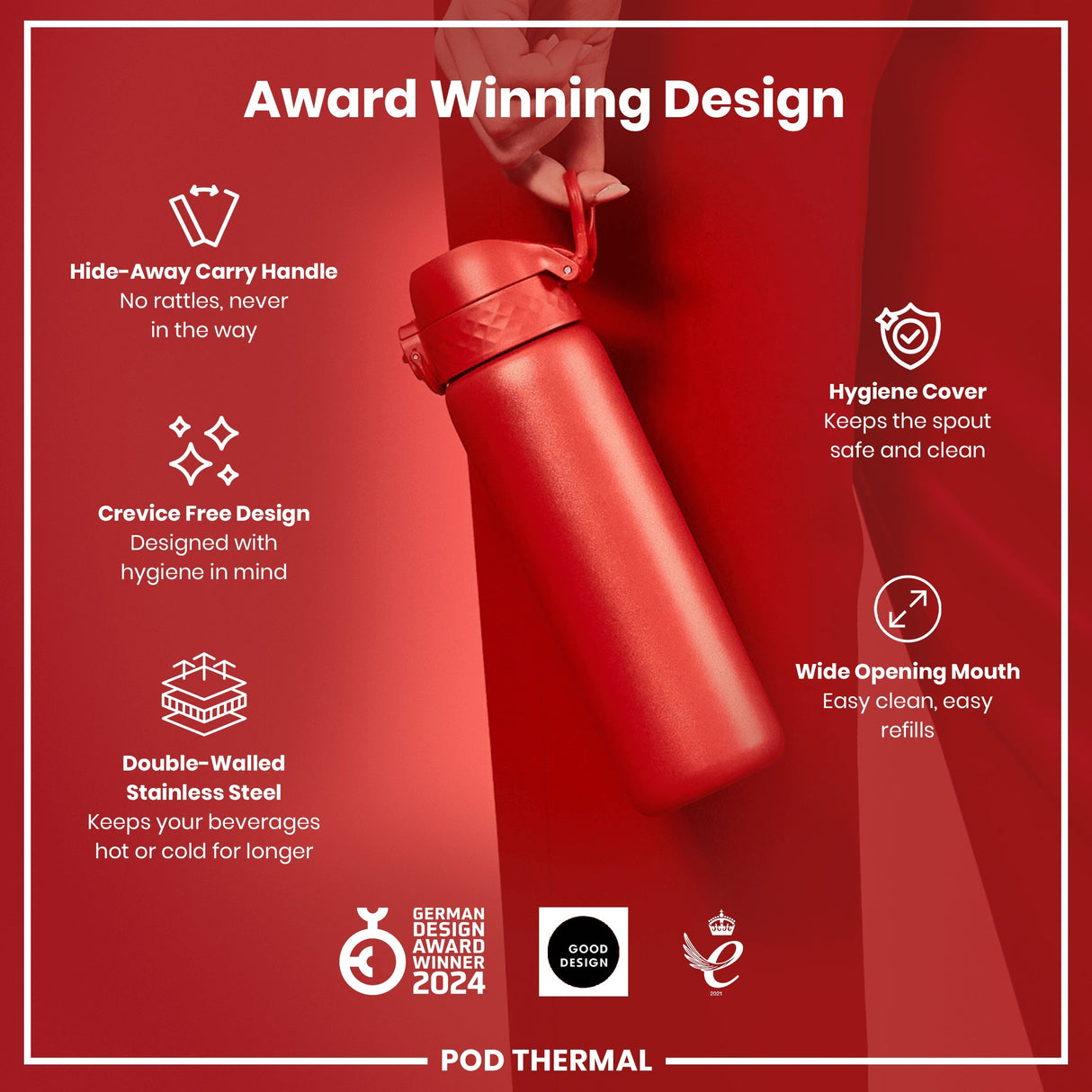 ION8 Leak Proof Thermal Steel Water Bottle, Insulated, Red, 320ml (11oz)