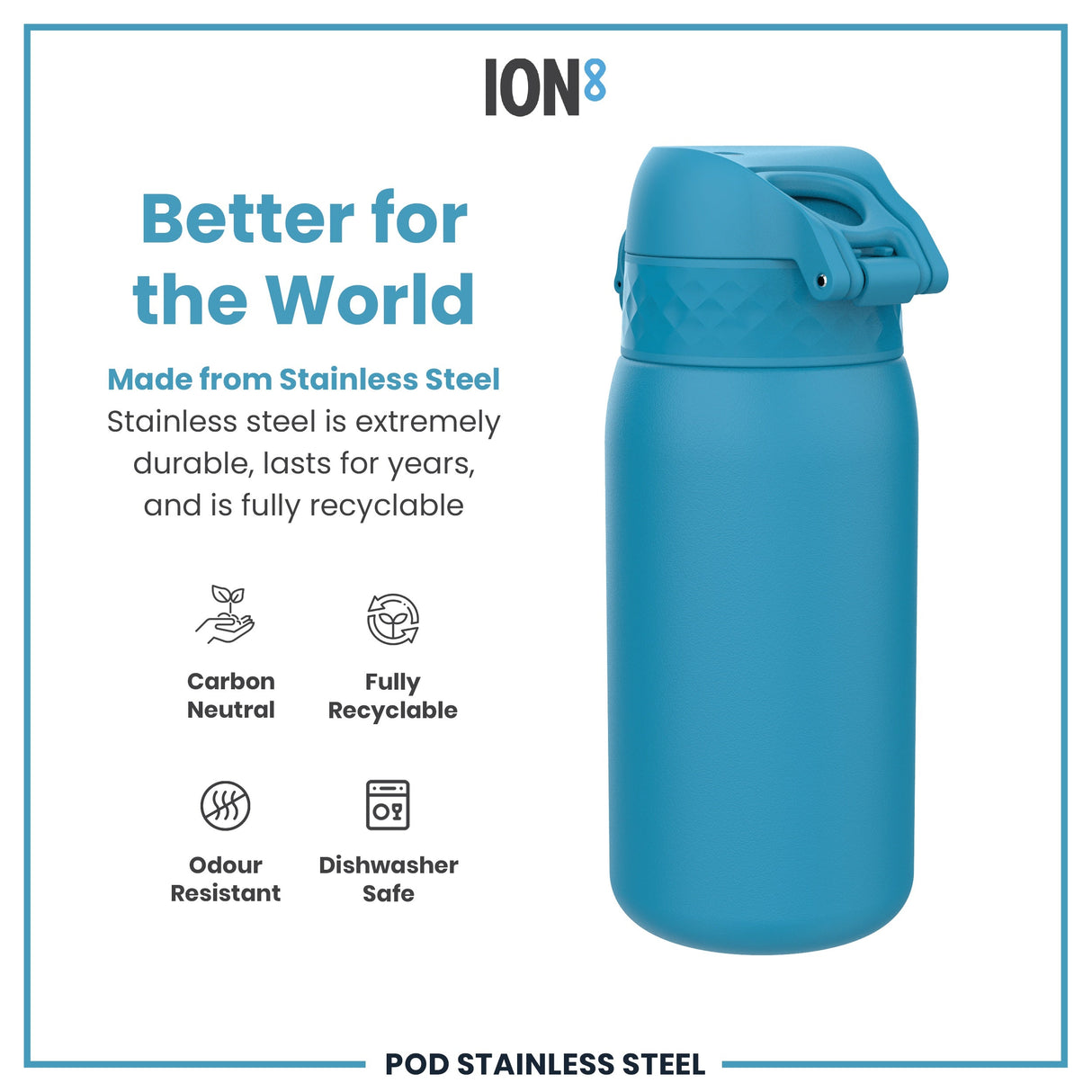 ION8 Leak Proof Water Bottle, Stainless Steel, Blue, 400ml (13oz)