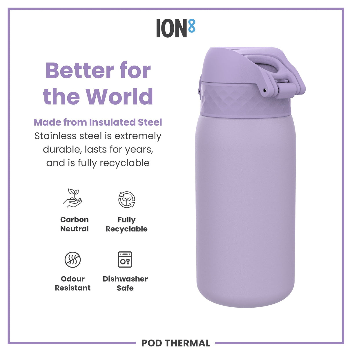 ION8 Leak Proof Thermal Steel Water Bottle, Insulated, Light Purple, 320ml (11oz)