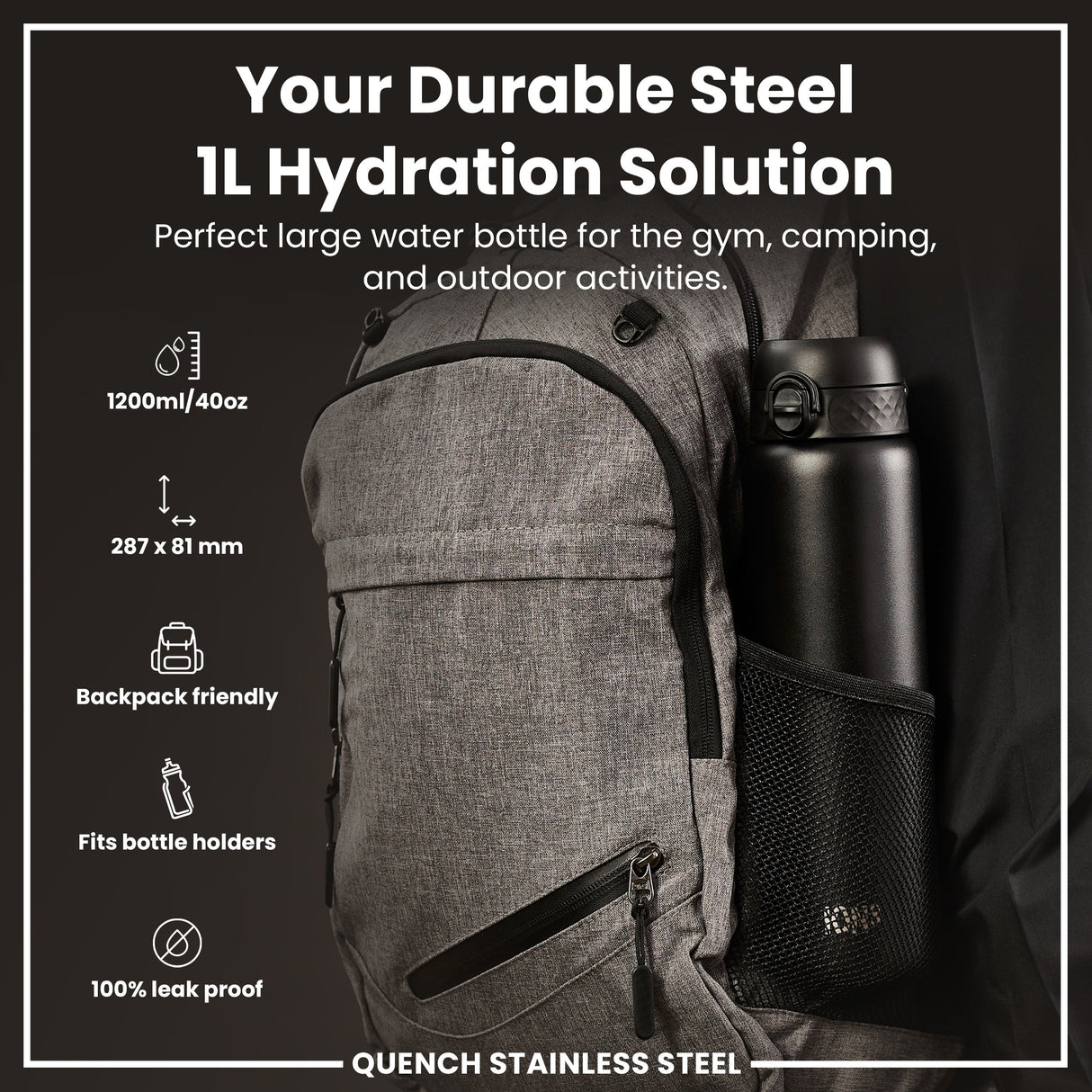 ION8 Leak Proof 1 Litre Water Bottle, Stainless Steel, Black, 1L