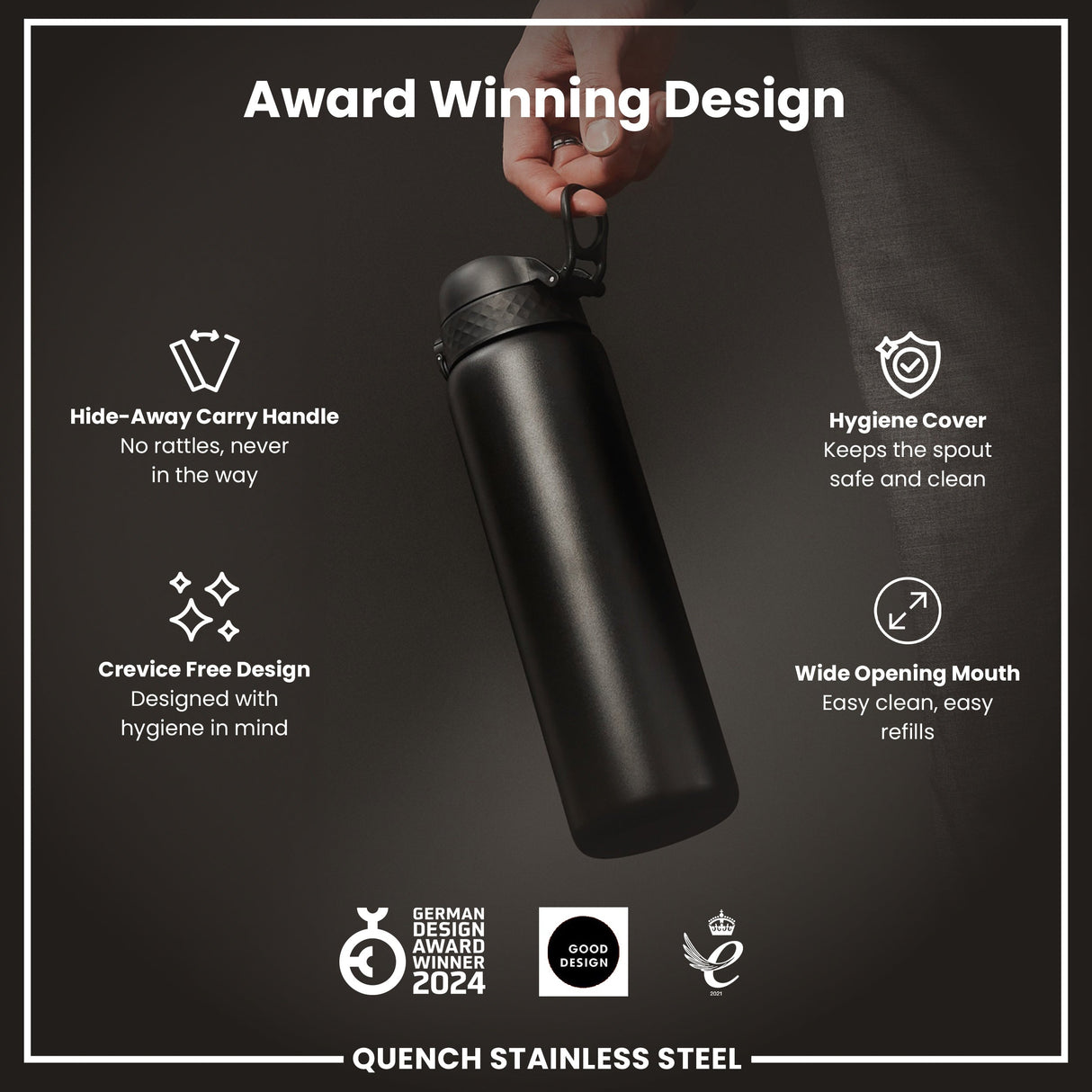 ION8 Leak Proof 1 Litre Water Bottle, Stainless Steel, Black, 1L