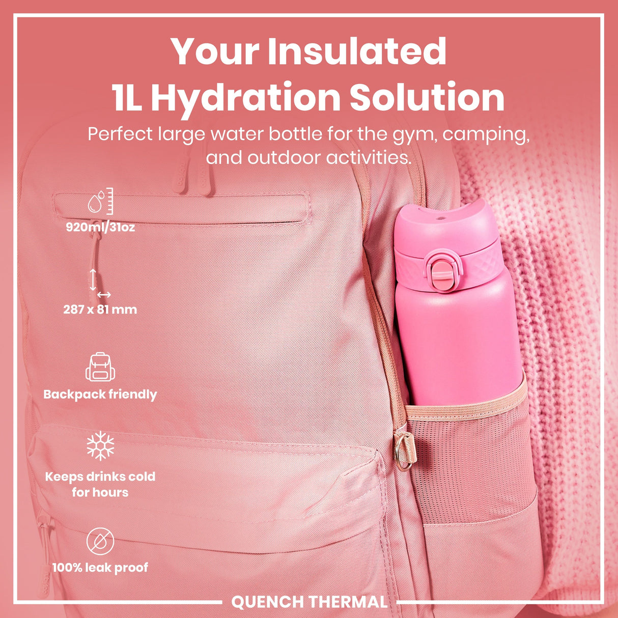 ION8 Leak Proof 1 Litre Thermal Water Bottle, Insulated, Rose Bloom, 1L