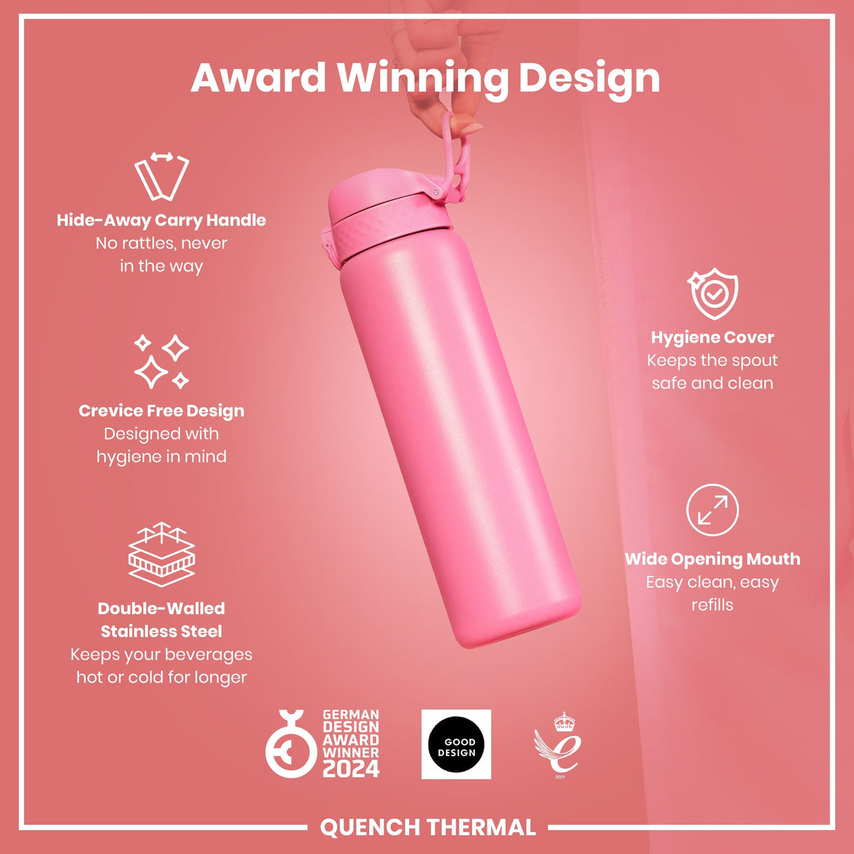 ION8 Leak Proof 1 Litre Thermal Water Bottle, Insulated, Rose Bloom, 1L