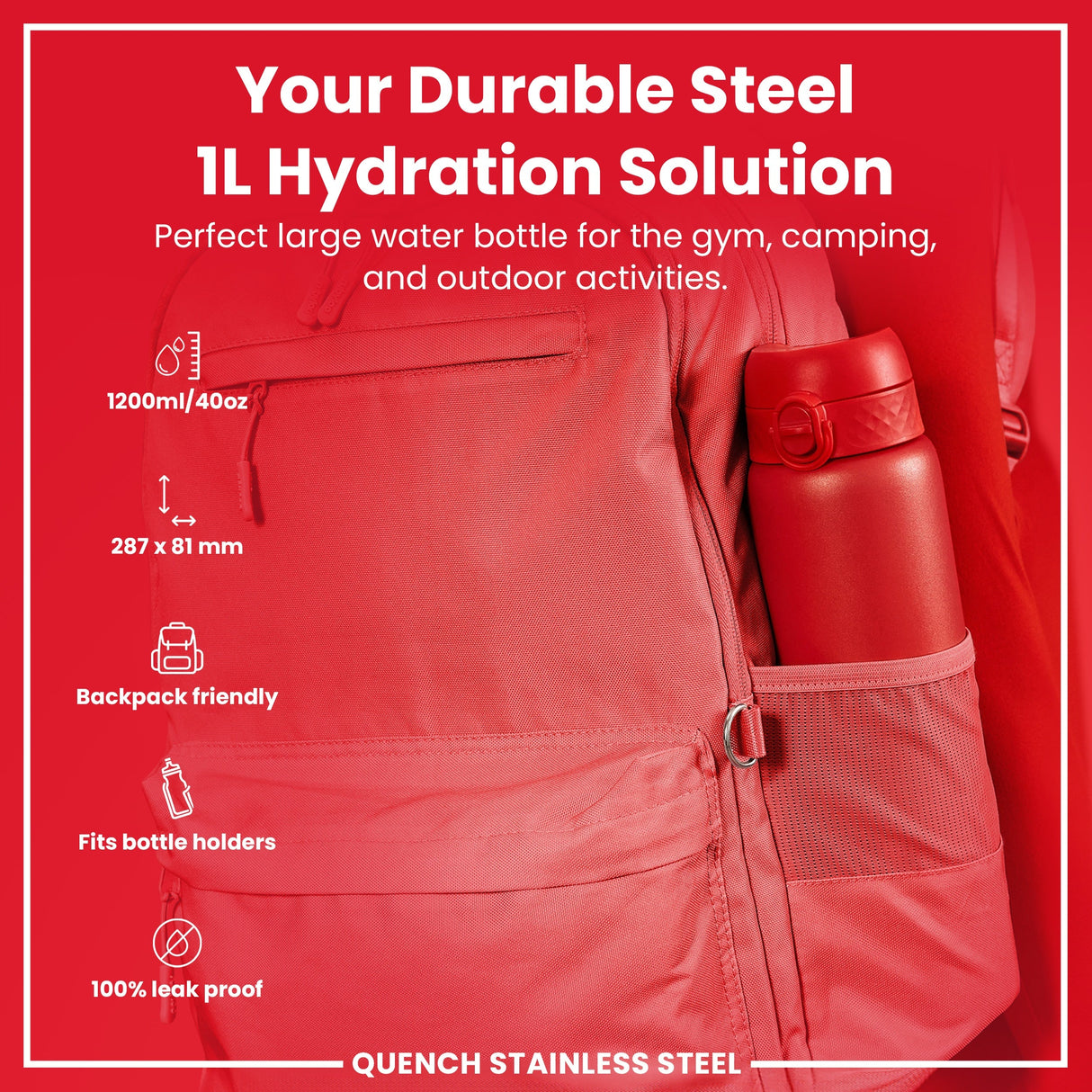 ION8 Leak Proof 1 Litre Water Bottle, Stainless Steel, Red, 1L