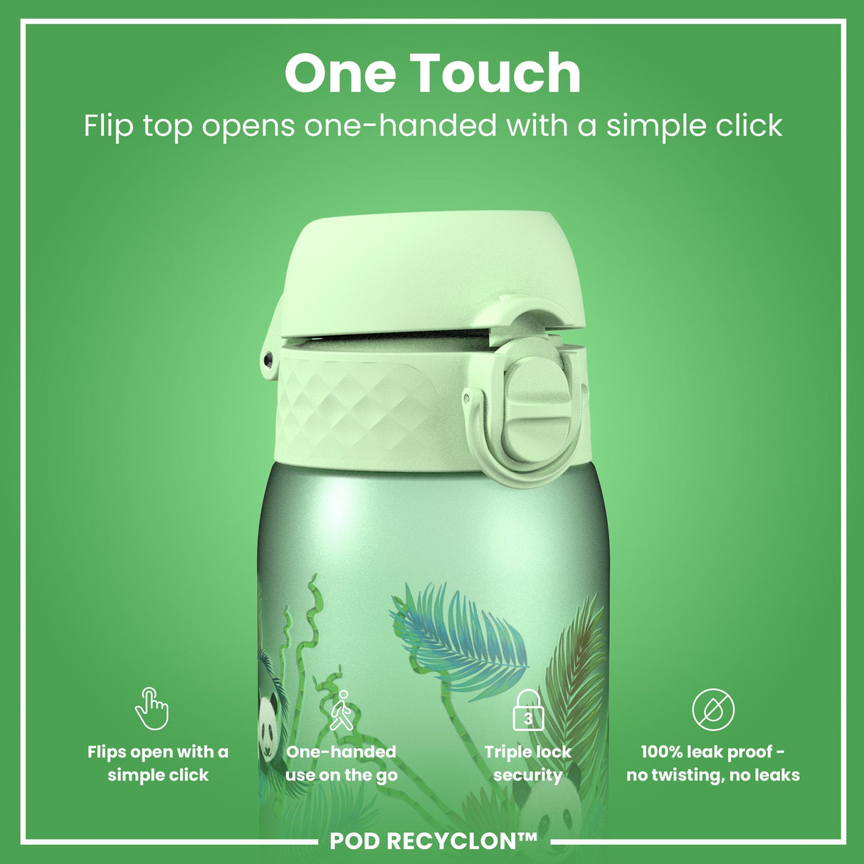 ION8 Leak Proof Kids' Water Bottle, Recyclon, Pandas, 350ml (12oz)