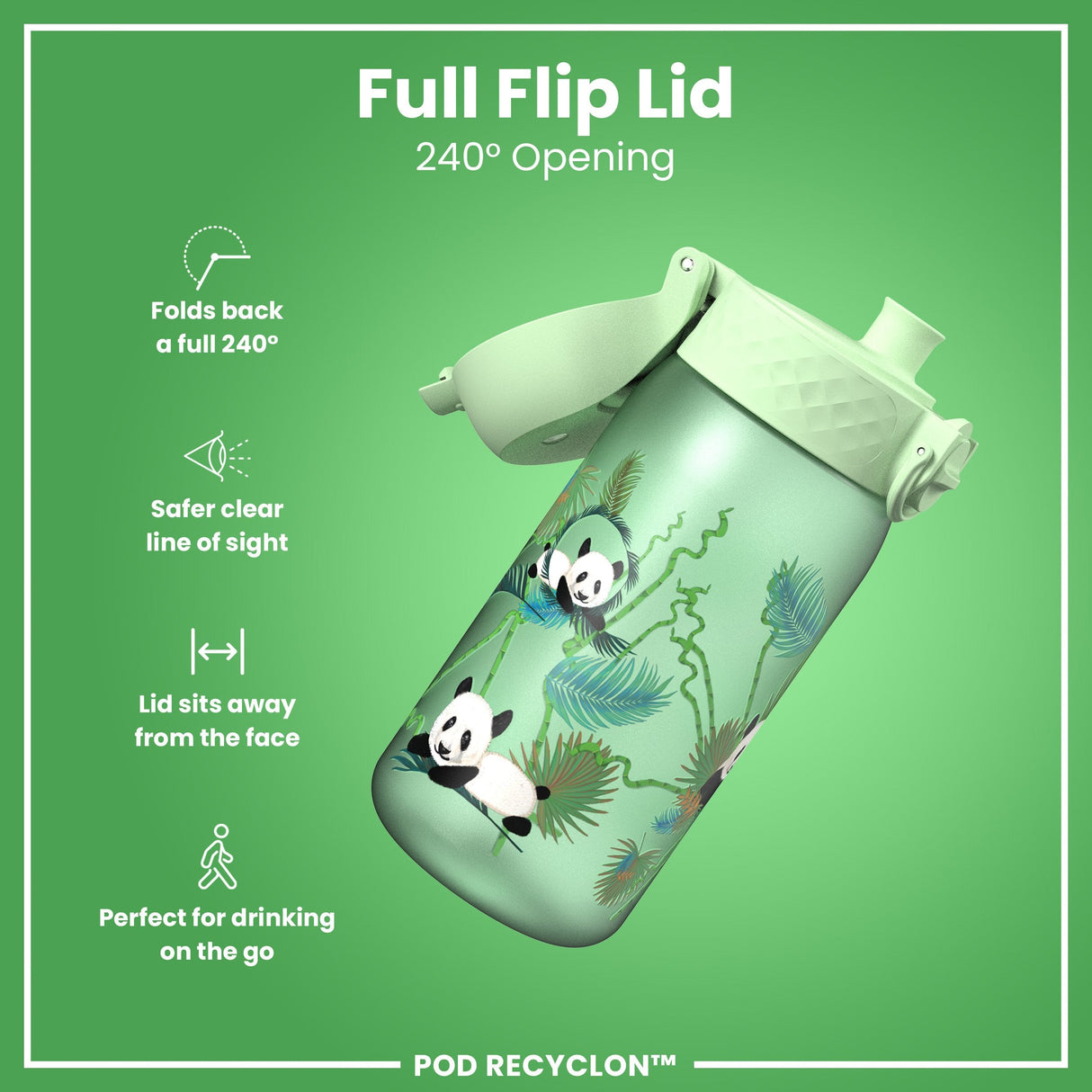 ION8 Leak Proof Kids' Water Bottle, Recyclon, Pandas, 350ml (12oz)