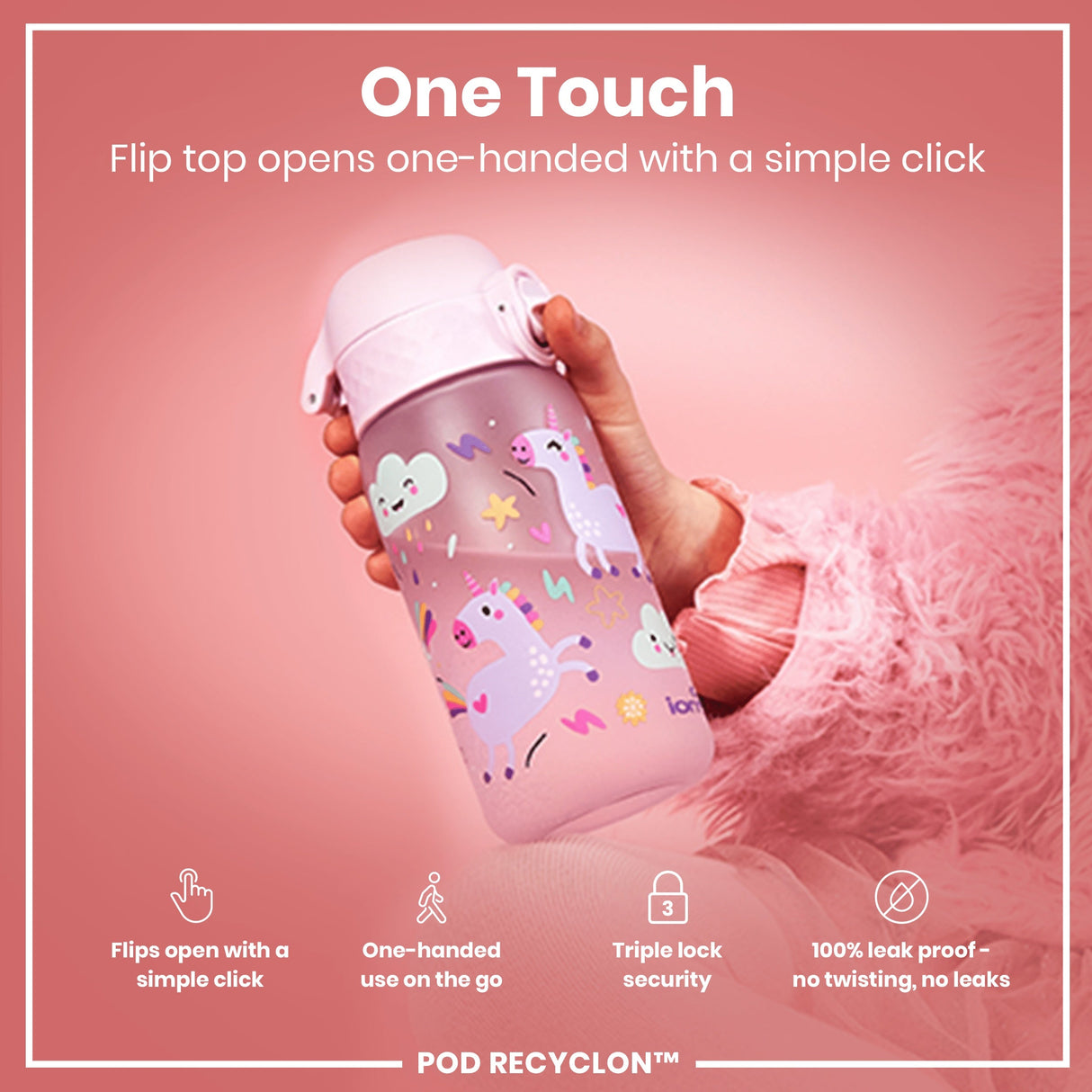 ION8 Leak Proof Kids Water Bottle, Recyclon, Unicorns, 350ml (12oz)
