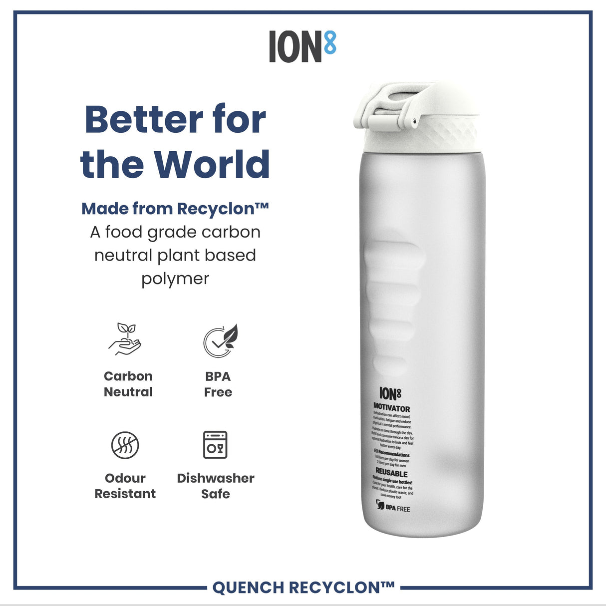 ION8 Leak Proof 1 Litre Water Bottle with Times to Drink, Recyclon, Ice, 1L