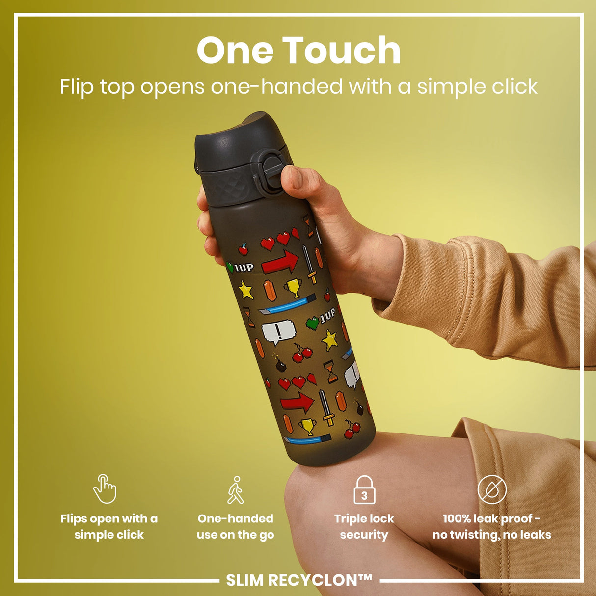 ION8 Leak Proof Slim Water Bottle, Recyclon, Gamer, 500ml (18oz)