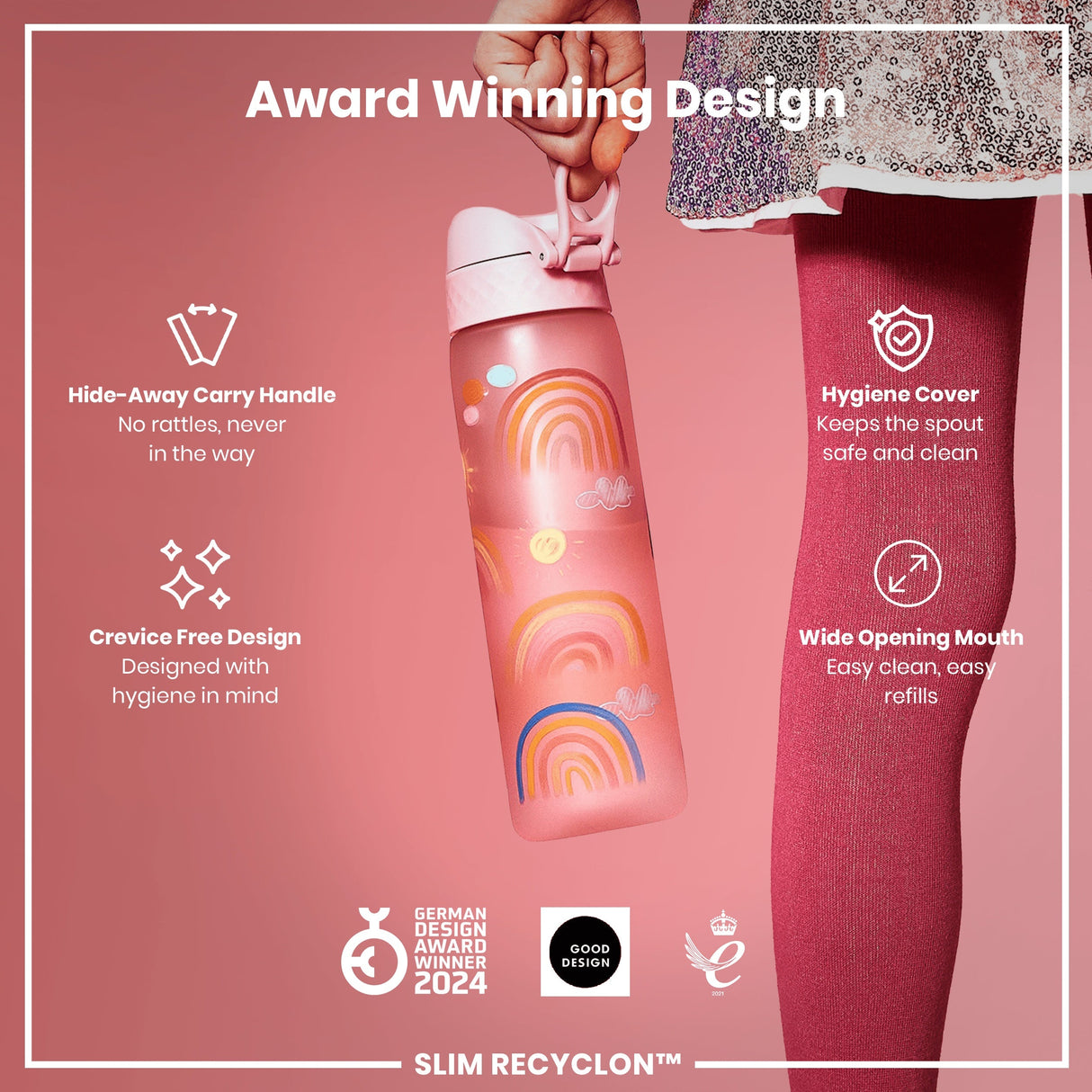 ION8 Leak Proof Slim Water Bottle, Recyclon, Rainbows, 500ml (18oz)