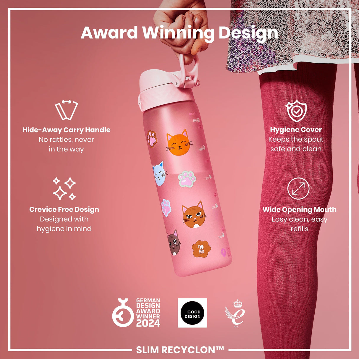 ION8 Leak Proof Slim Water Bottle, Recyclon, Cats, 500ml (18oz)