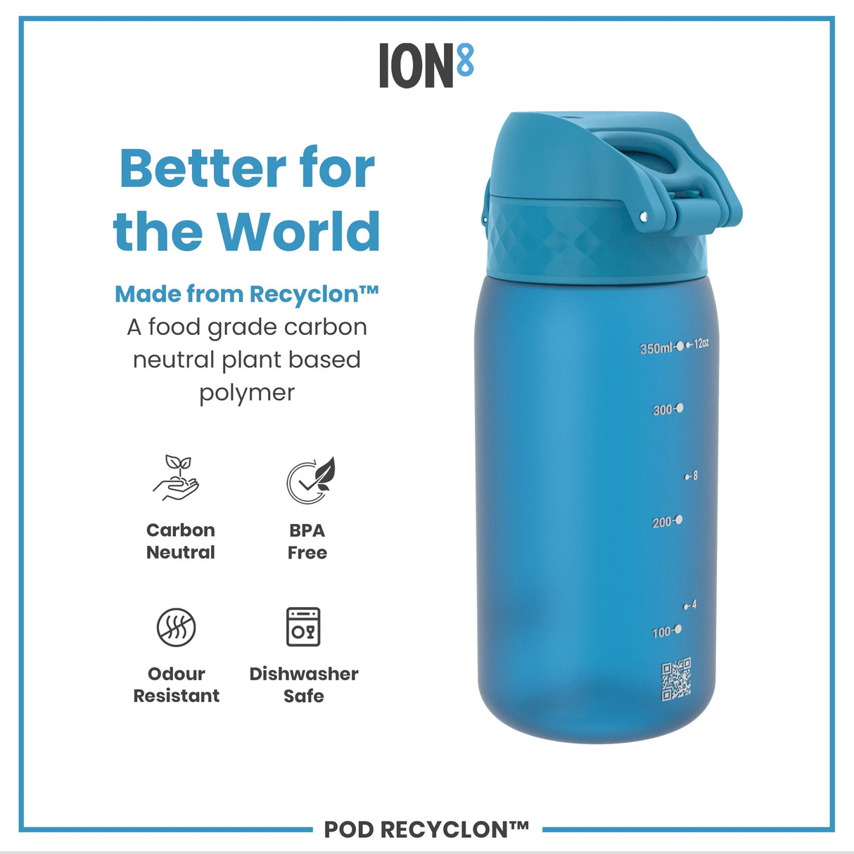 ION8 Leak Proof Kids Water Bottle, Recyclon, Blue, 350ml (12oz)