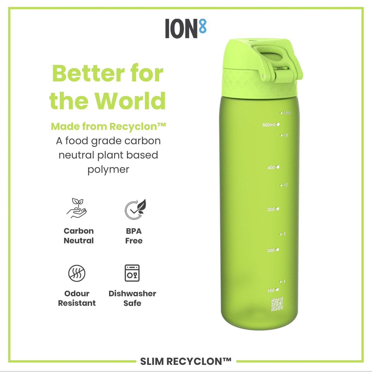 ION8 Leak Proof Slim Water Bottle, Recyclon, Green, 500ml (18oz)