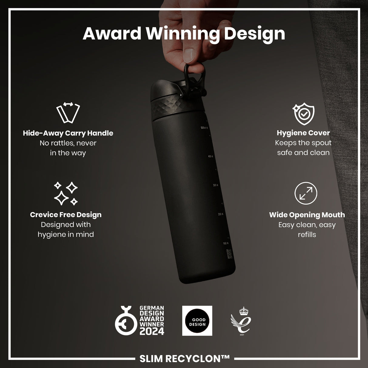 ION8 Leak Proof Slim Water Bottle, Recyclon, Black, 500ml (18oz)