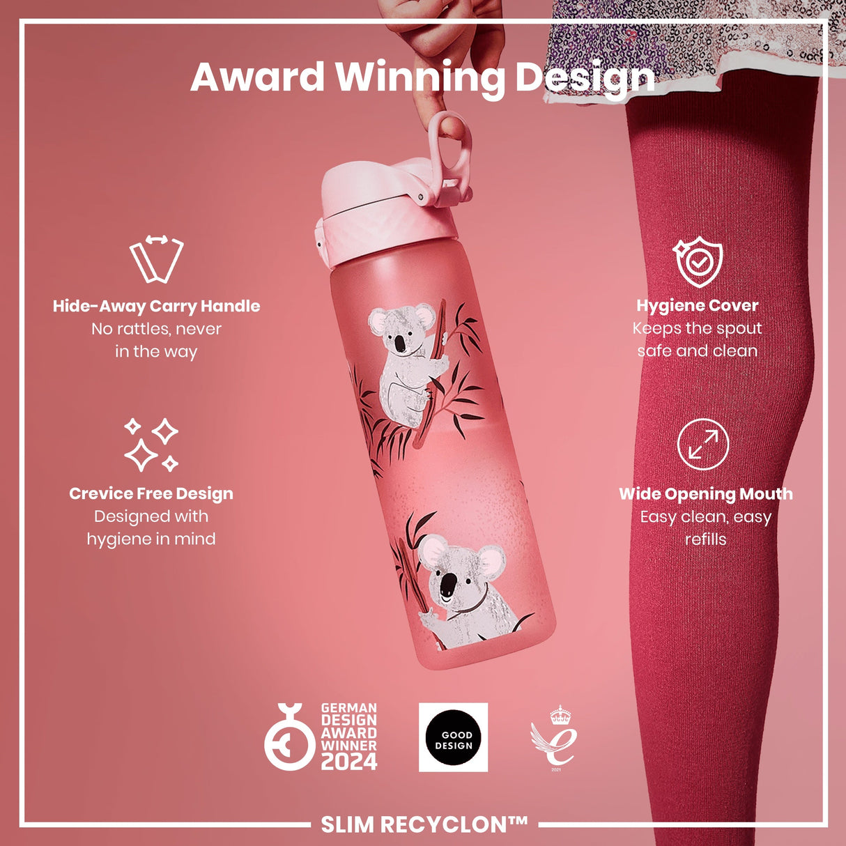 ION8 Leak Proof Slim Water Bottle, Recyclon, Koala, 500ml (18oz)