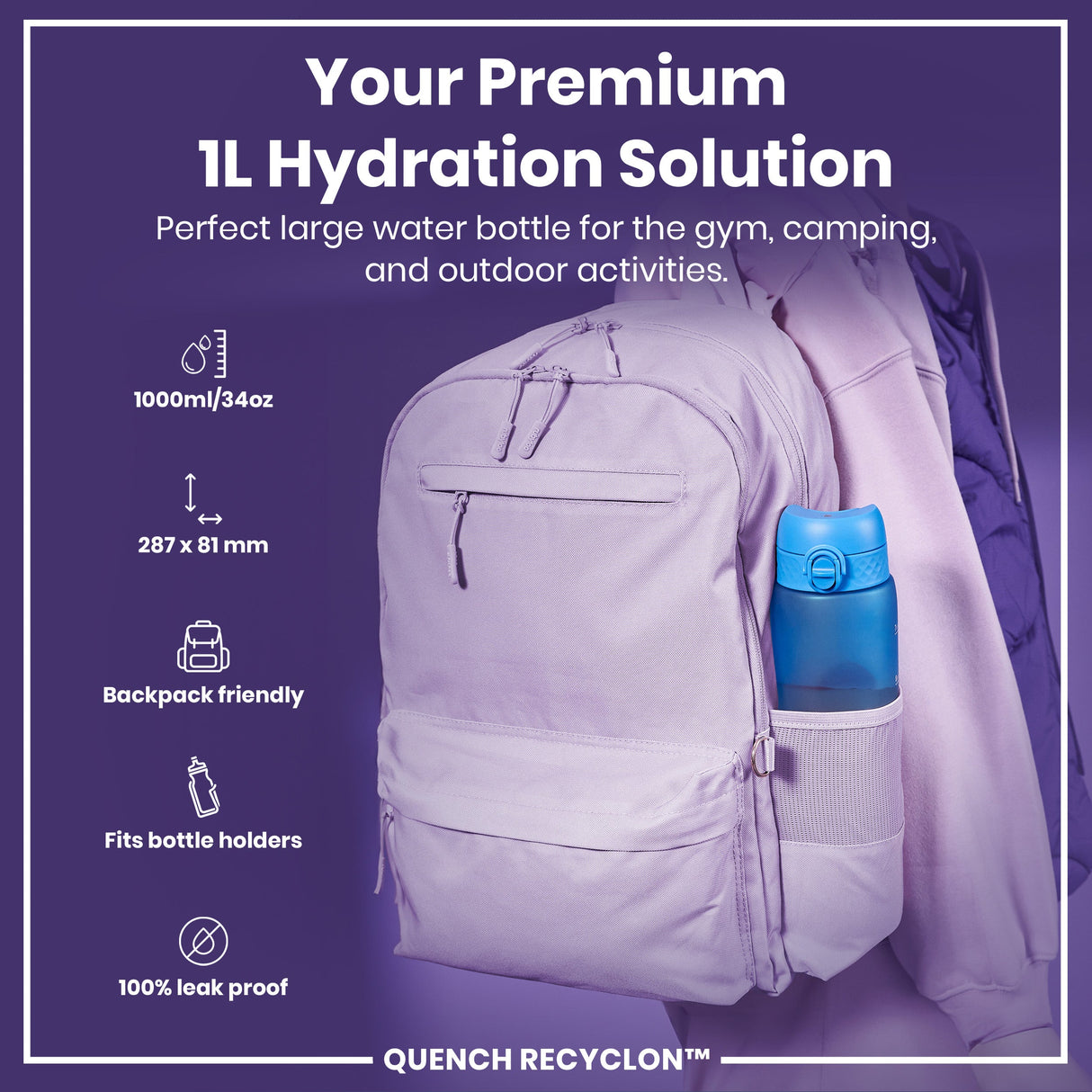 ION8 Leak Proof 1 Litre Water Bottle with Times to Drink, Recyclon, Blue & Pink, 1L