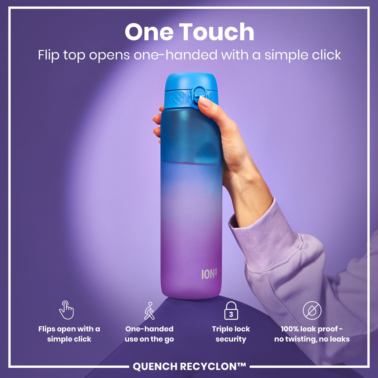 ION8 Leak Proof 1 Litre Water Bottle with Times to Drink, Recyclon, Blue & Pink, 1L