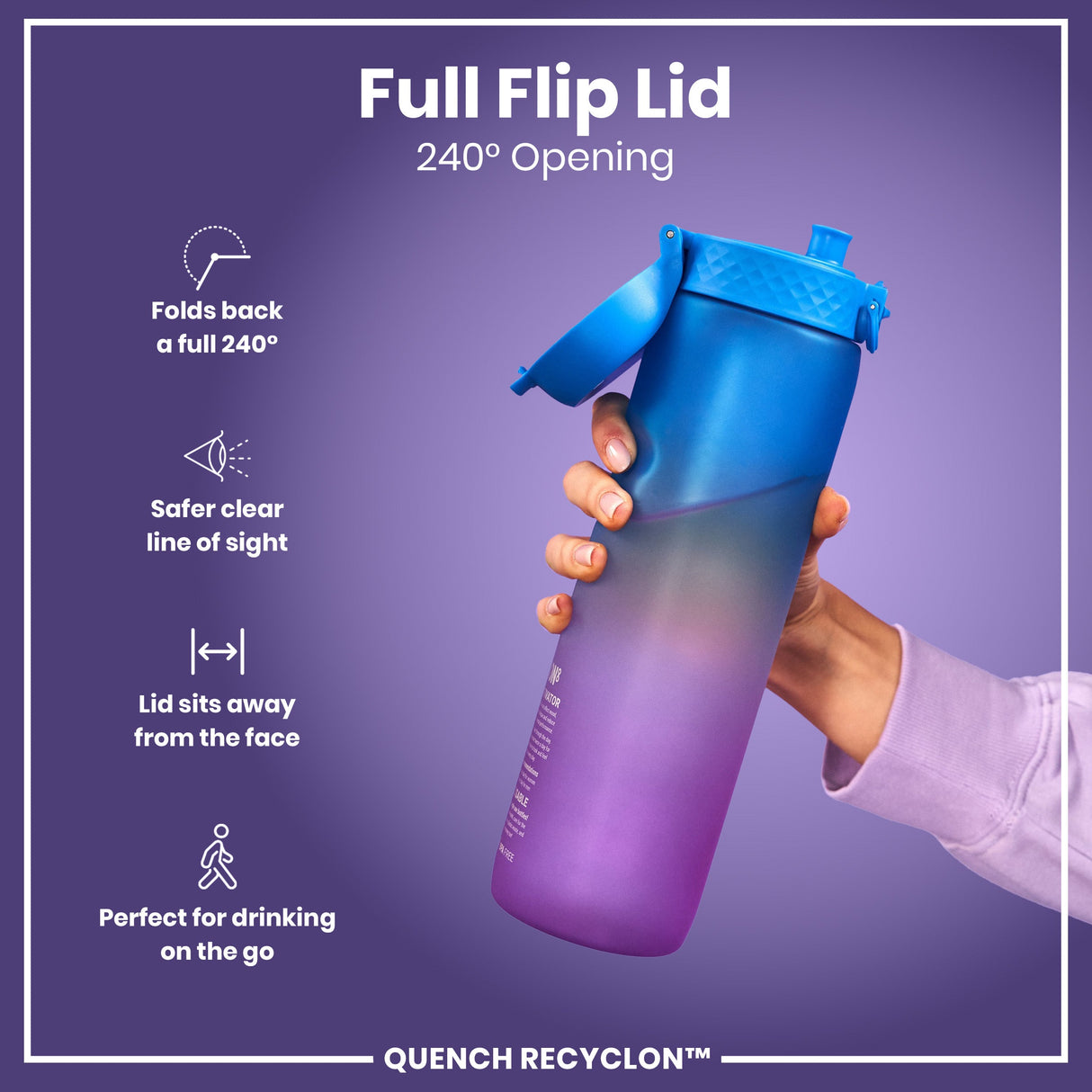 ION8 Leak Proof 1 Litre Water Bottle with Times to Drink, Recyclon, Blue & Pink, 1L