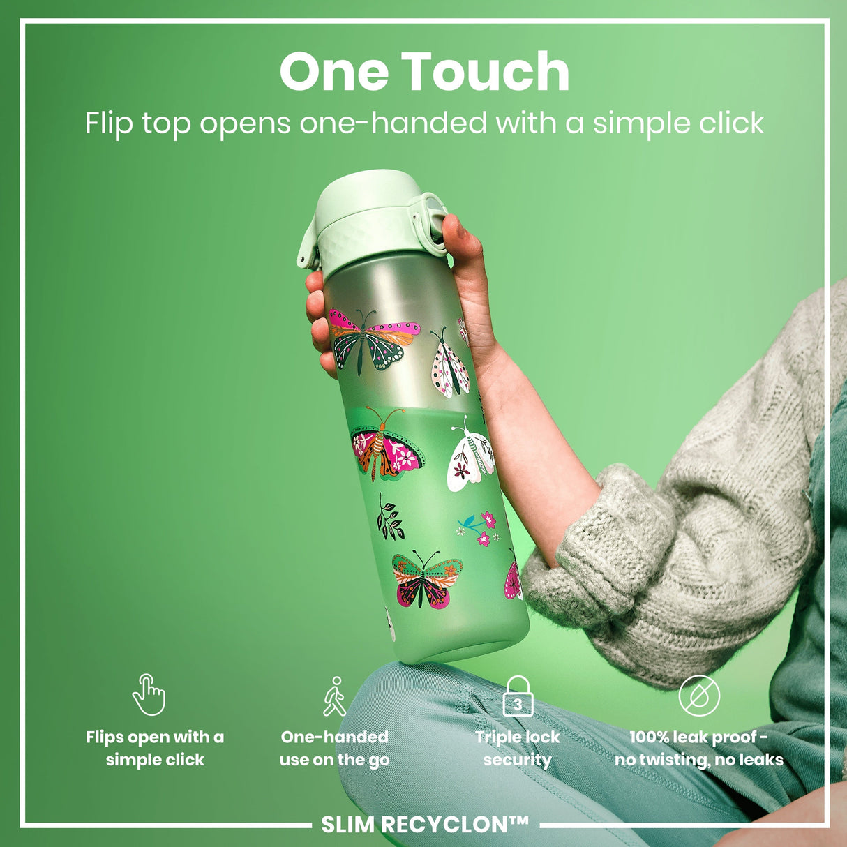 ION8 Leak Proof Slim Water Bottle, Recyclon, Wild Butterfly, 500ml (18oz)