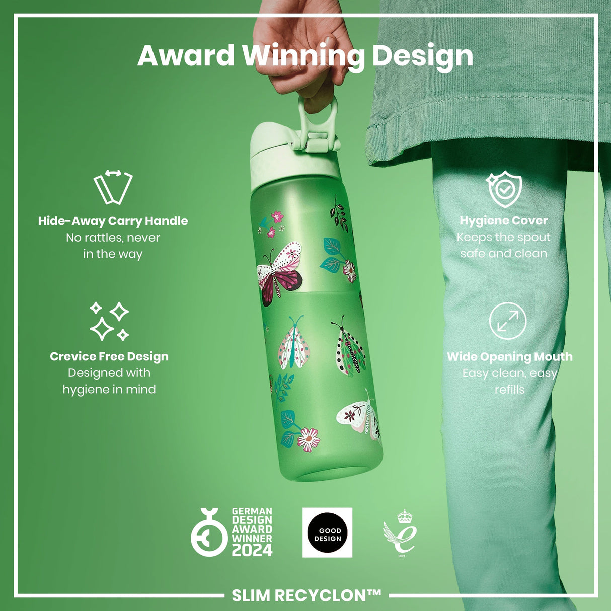 ION8 Leak Proof Slim Water Bottle, Recyclon, Wild Butterfly, 500ml (18oz)