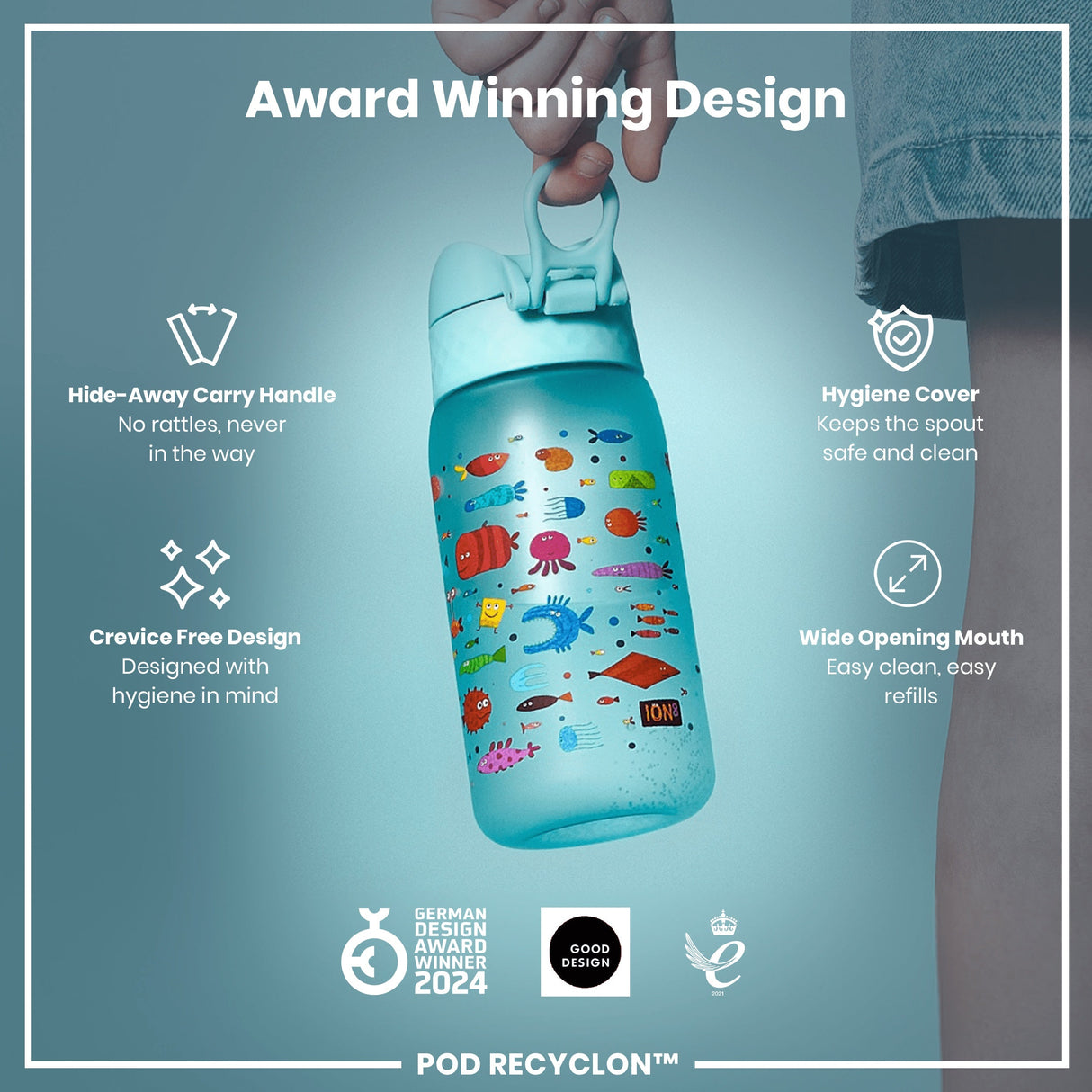 ION8 Leak Proof Kids Water Bottle, Recyclon, Fish, 350ml (12oz)