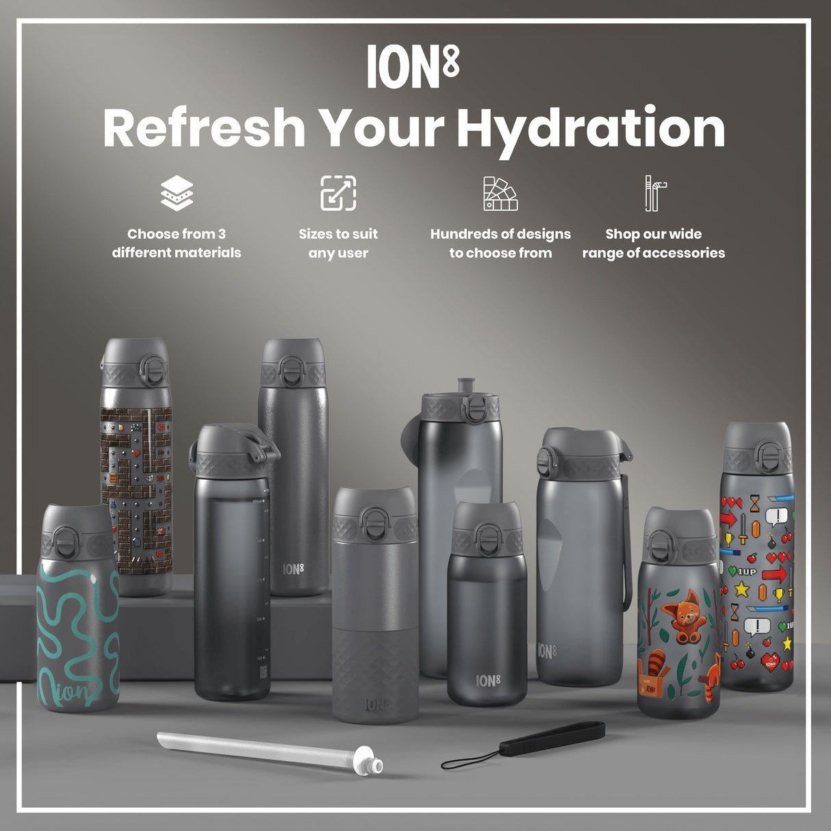 ION8 Leak Proof Kids Water Bottle, Recyclon, Grey, 350ml (12oz)