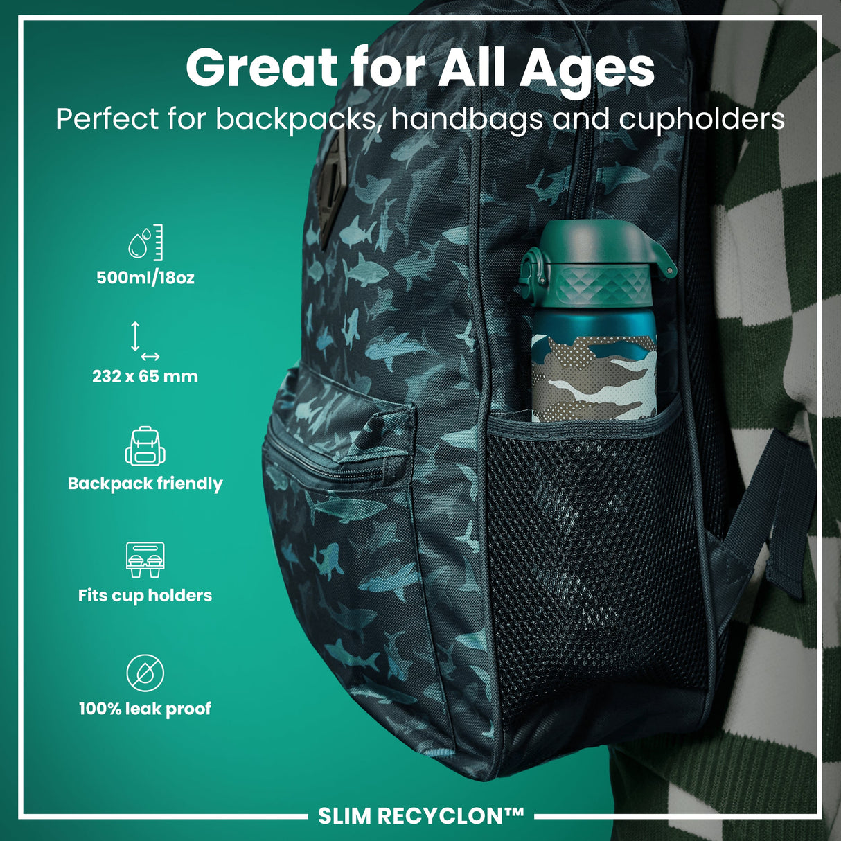 ION8 Leak Proof Slim Water Bottle, Recyclon, Camouflage, 500ml (18oz)