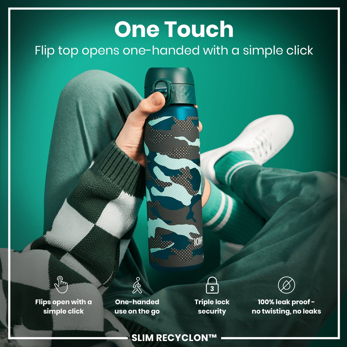ION8 Leak Proof Slim Water Bottle, Recyclon, Camouflage, 500ml (18oz)