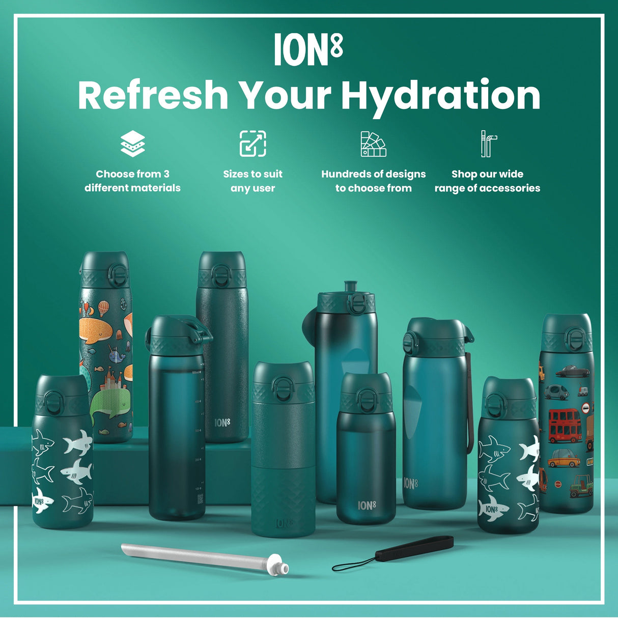 ION8 Leak Proof Slim Water Bottle, Recyclon, Camouflage, 500ml (18oz)