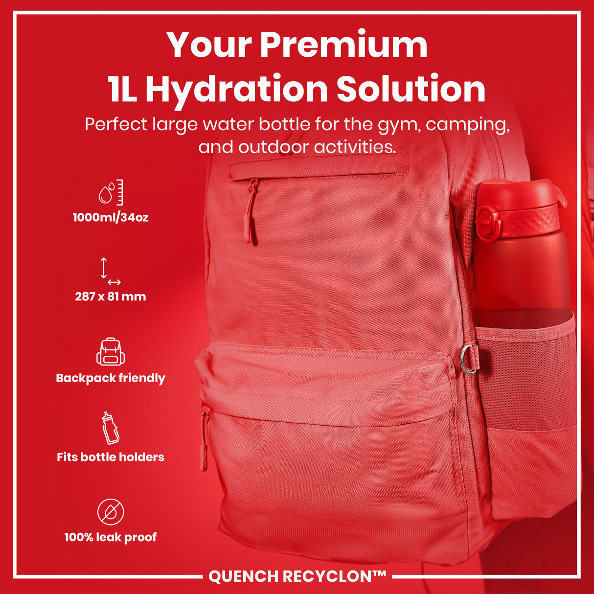 ION8 Leak Proof 1 litre Water Bottle, Recyclon, Red, 1L
