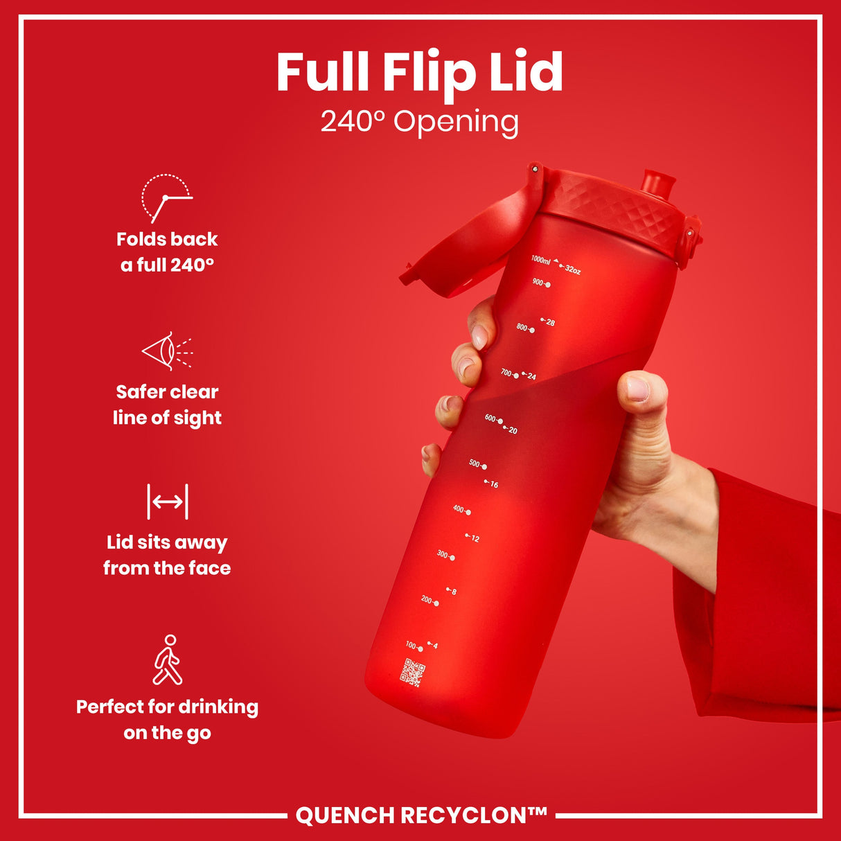 ION8 Leak Proof 1 litre Water Bottle, Recyclon, Red, 1L